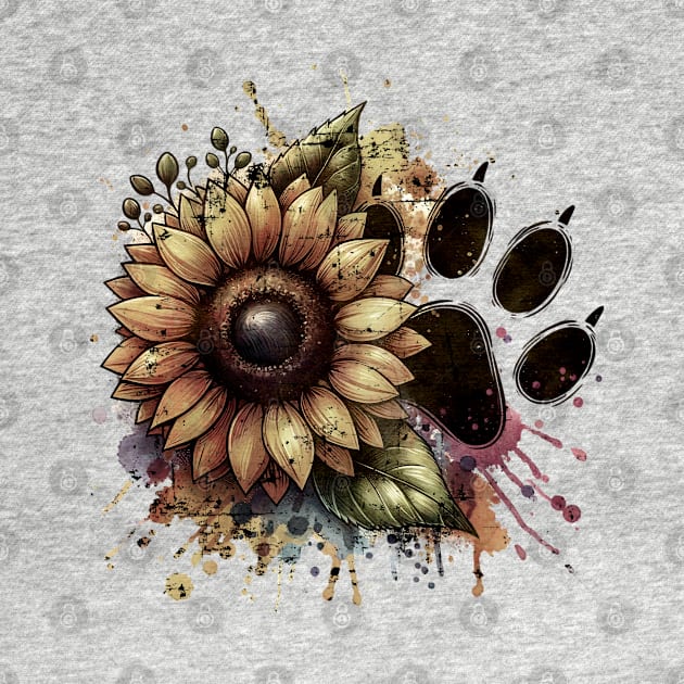 Paw print, sunflower, floral, flowers, pop grunge minimal style, pet lovers, animal lovers by Collagedream